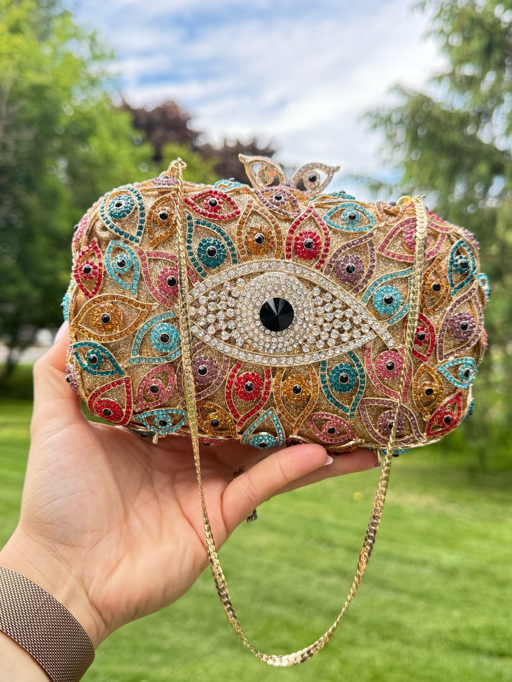 Embellished Multicolor Evil Eye Crystal Clutch with Gold Chain
